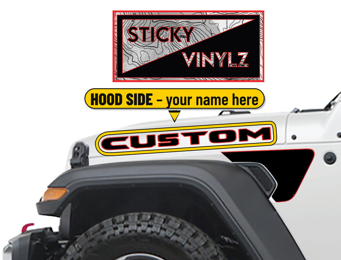 Custom name decal on the side of a Jeep hood, circled and labeled HOOD SIDE, your name here