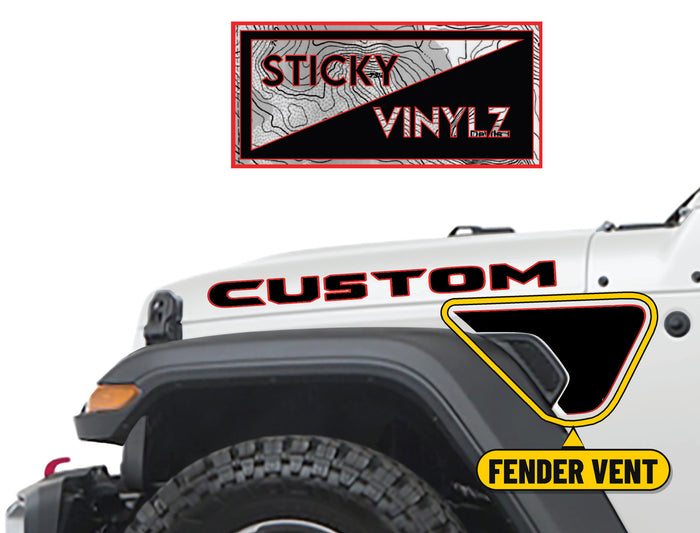 Side fender vent decal on a Jeep Rubicon, Mojave or 392, circled and labeled FENDER VENT